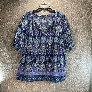 TALBOTS Floral Medallion Cotton Short Sleeve XL Blouse Top Tasseled Peasant